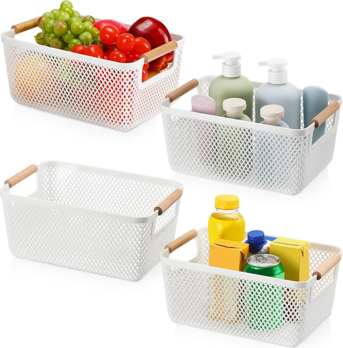 Tioncy 4 Pcs White Mesh Baskets with Wooden Handles Plastic Storage Organizer Baskets Pantry Basket Fruit Vegetables Gathering Basket Bin for Organizing Cabinet Closet Bedroom Kitchen(Small)