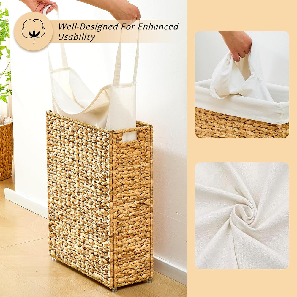 Handwoven Slim Laundry Hamper, 75L Narrow Laundry Basket, Natural Water Hyaci...
