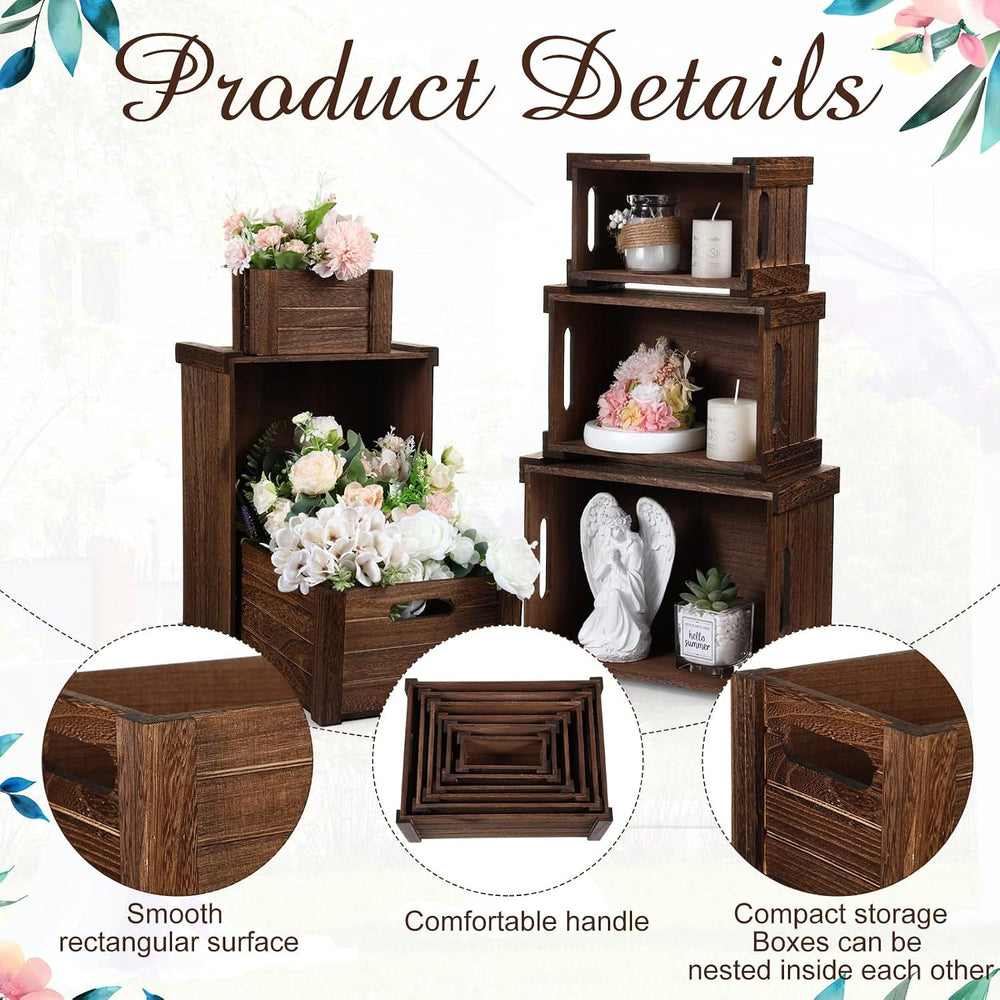 AceOrbit 6 Pcs Decorative Wood Crates with Handle for Display, Dark Brown