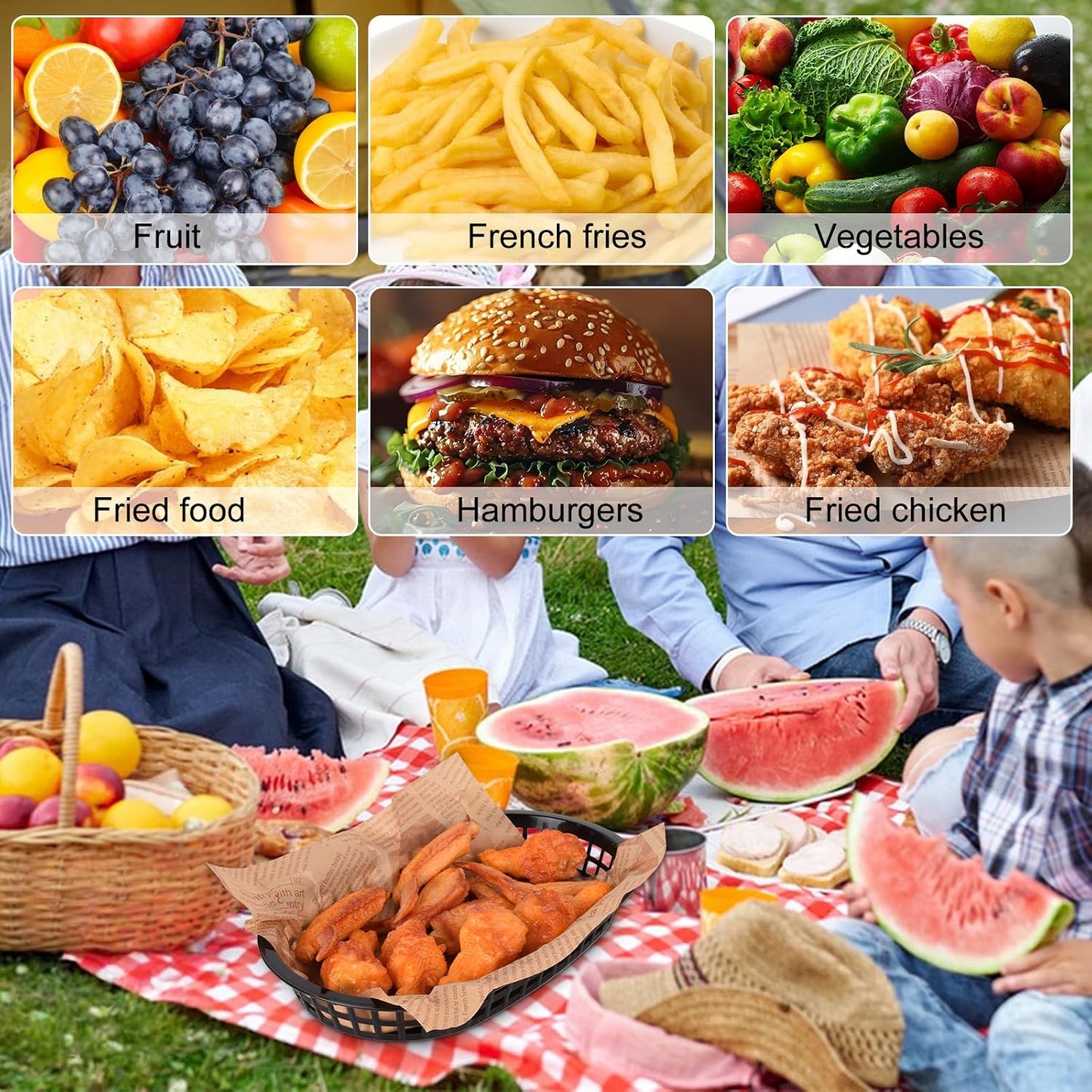70PCS Oval Black Plastic Food Baskets 10.5×7inch Plastic Baskets For Food For Fried Chicken,Hamburger,French Fries,Hot Dog,Family Gathering Picnic
