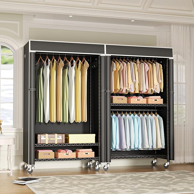 FUTASSI Clothing Rack with Cover, P1C Rolling Closets with Wheels, Metal