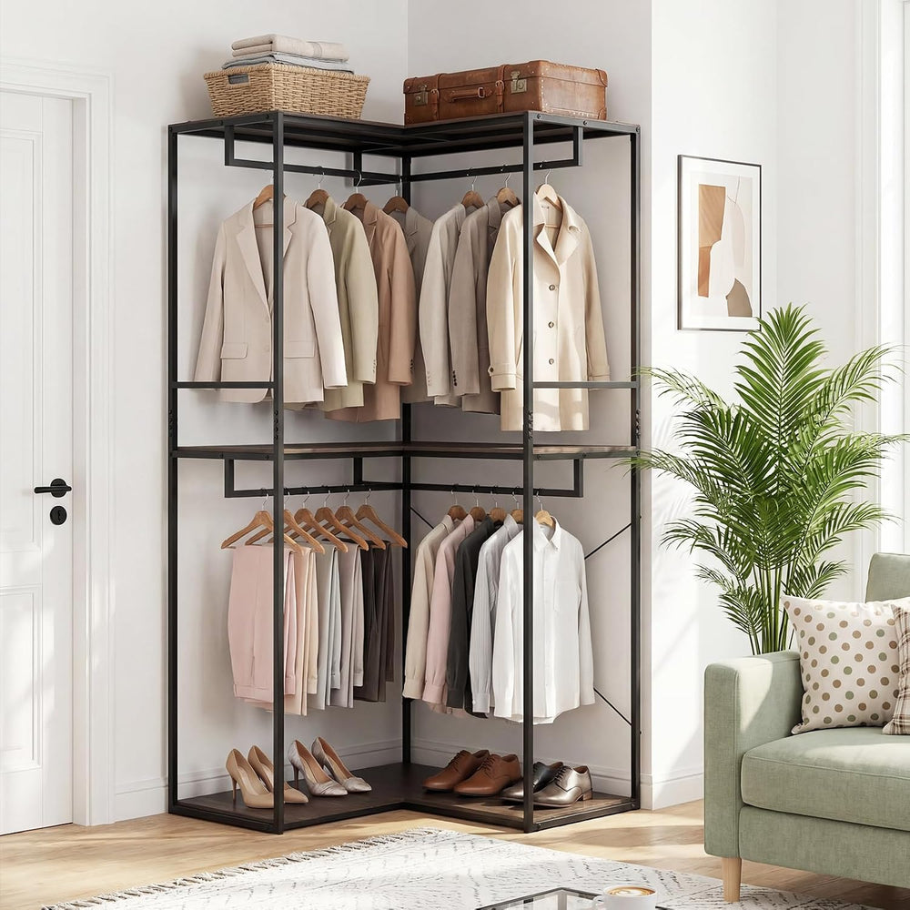 GIANTEX Heavy Duty Clothes Rack, 3-Tier L-Shaped Garment Rack w/3 Open Shelve...