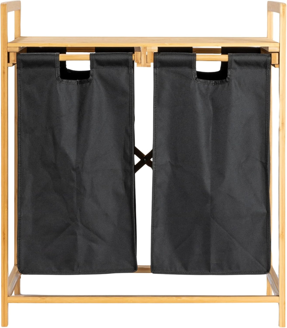 Household Essentials Bamboo Pull Out Double Hamper with Shelf, Natural and Black