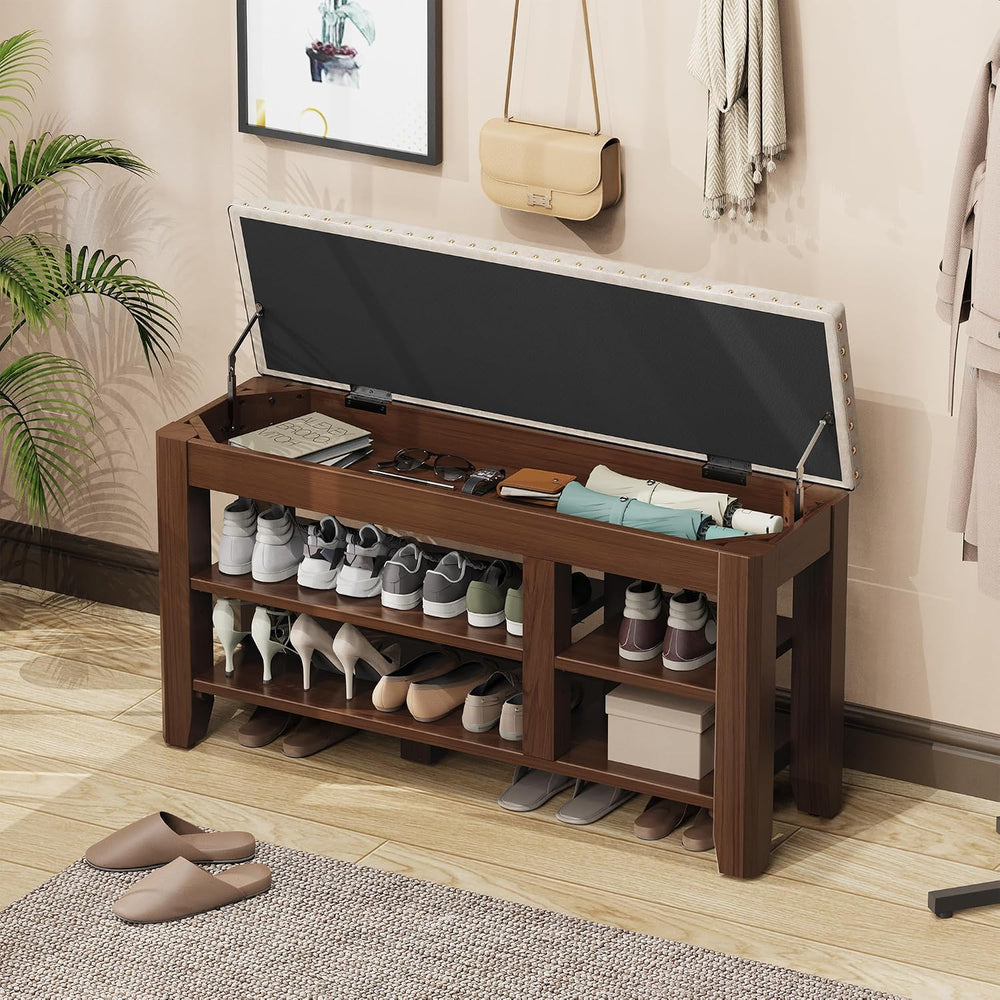 Shoe Bench for Entryway, Solid Rubberwood Shoe Bench with Hidden Storage, Adj...