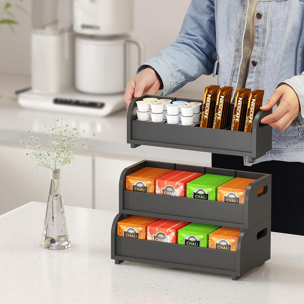 3-Tier Bamboo Tea Bag Organizer, Stackable Tea Holder for Countertop, Black