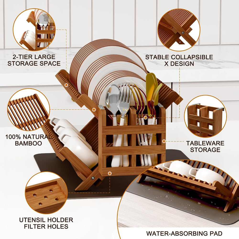 Greenual Teak Dish Drying Rack with Utensil Holder, 2 Tier Collapsible Dish R...