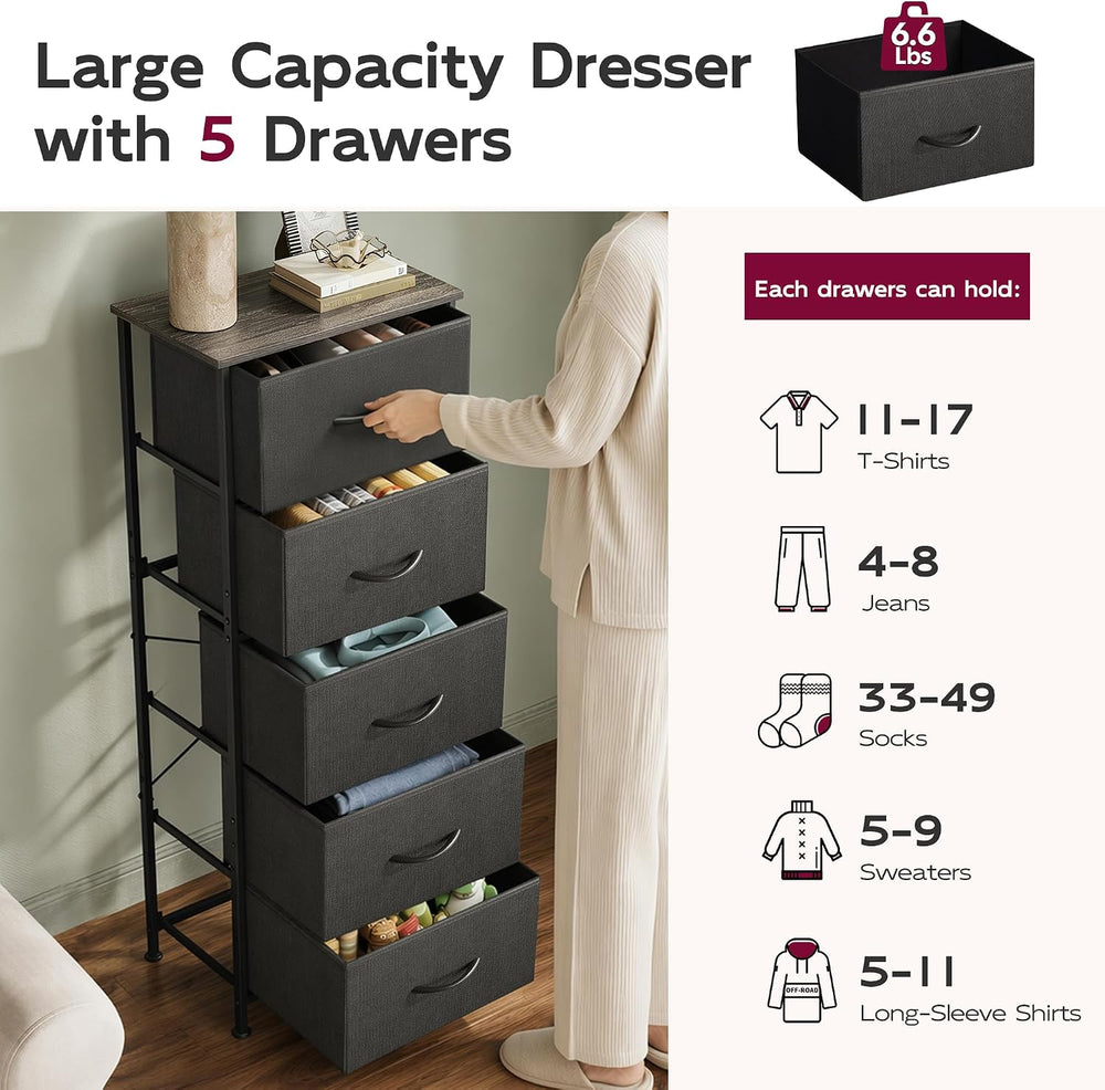 WLIVE Tall Dresser for Bedroom, 5 Drawer Dresser, Charcoal Black