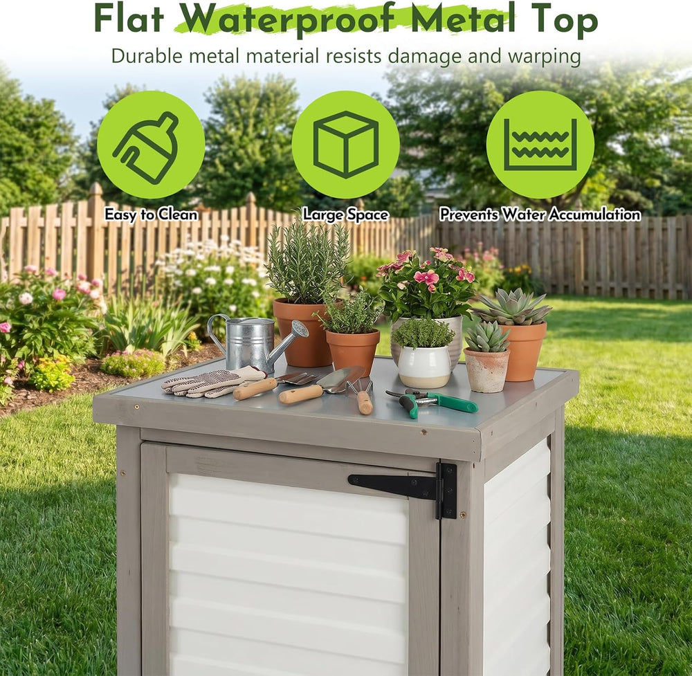 Small Outdoor Storage Cabinet with Waterproof Metal Top, White Wood & Pla...