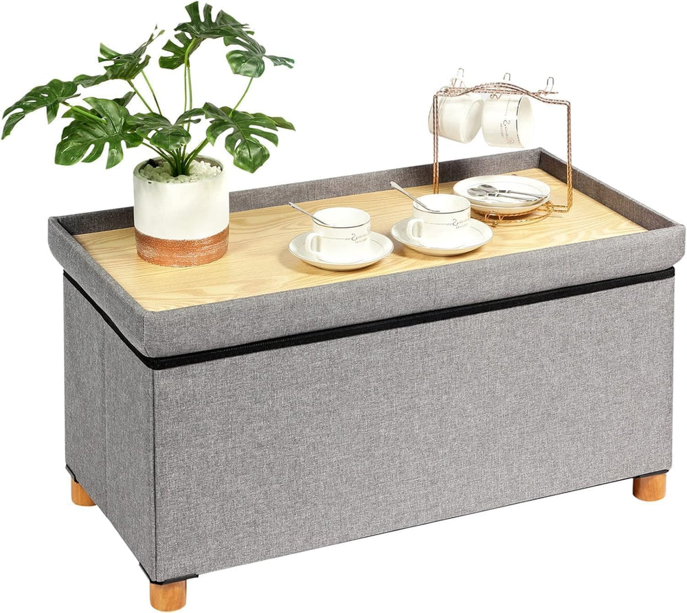 PINPLUS Ottoman with Storage Coffee Table, Grey Footrest-Stool Linen Chest wi...