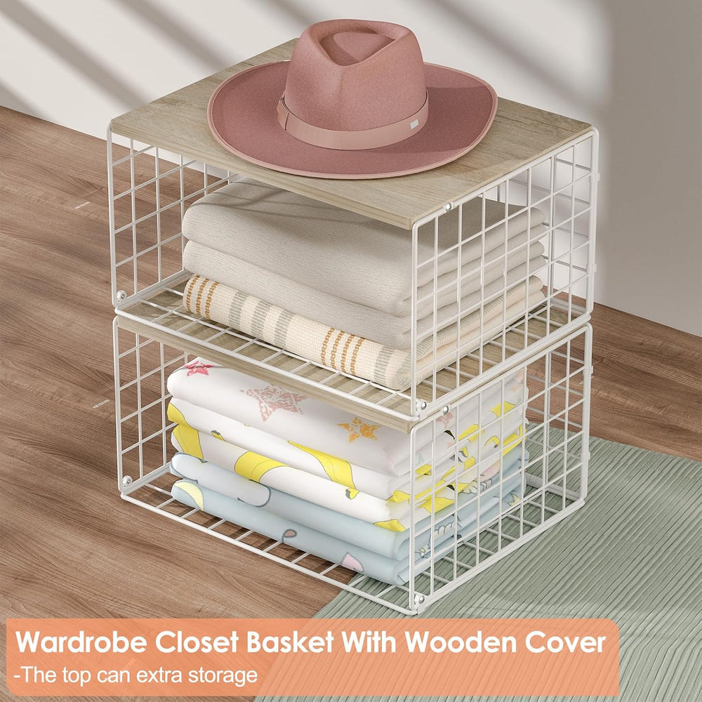 Hencawima 4 Pack Stackable Closet Storage Shelf Organizer Metal White