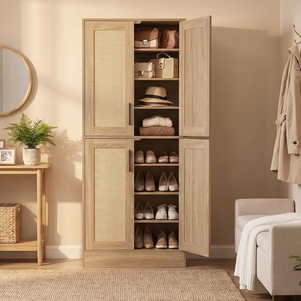 65" 8-Tier Tall Shoe Cabinet with Rattan Doors