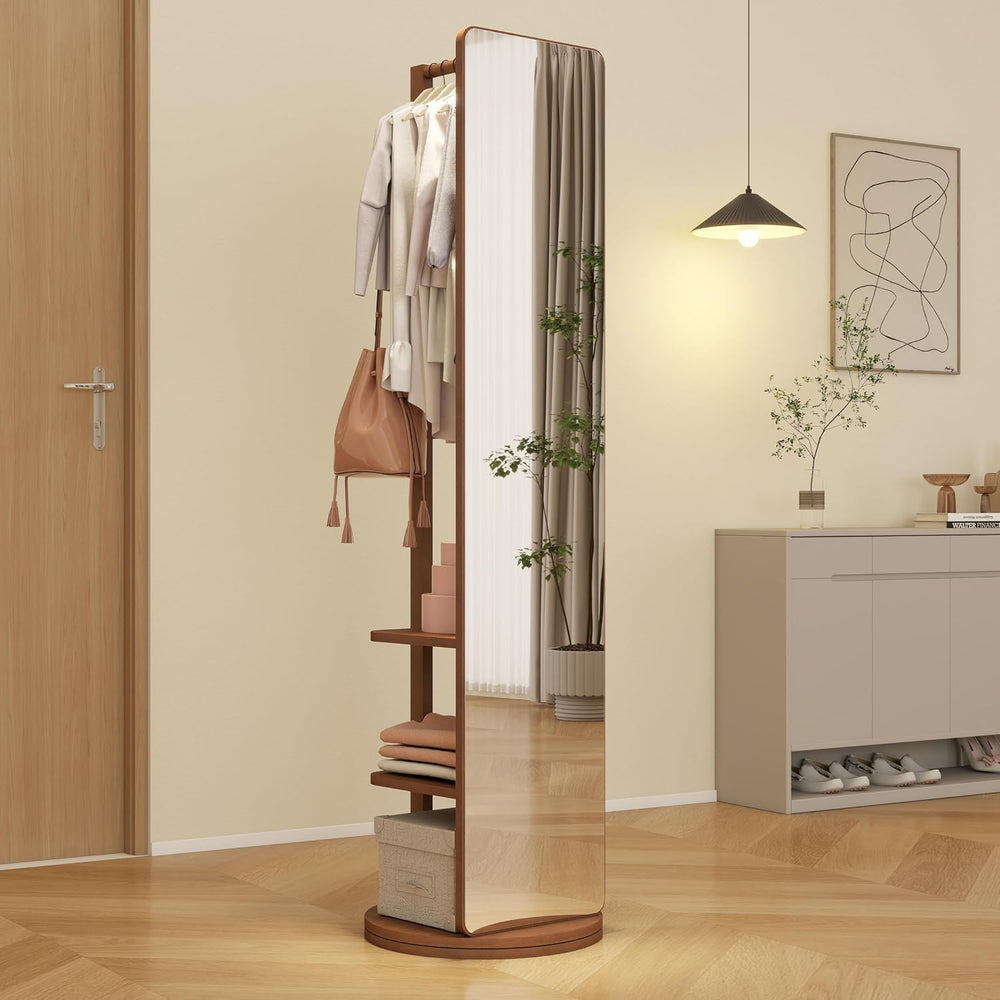 BOWEI Solid Wooden Coat Rack, Free Standing Coat Stand with Full Length mirro...