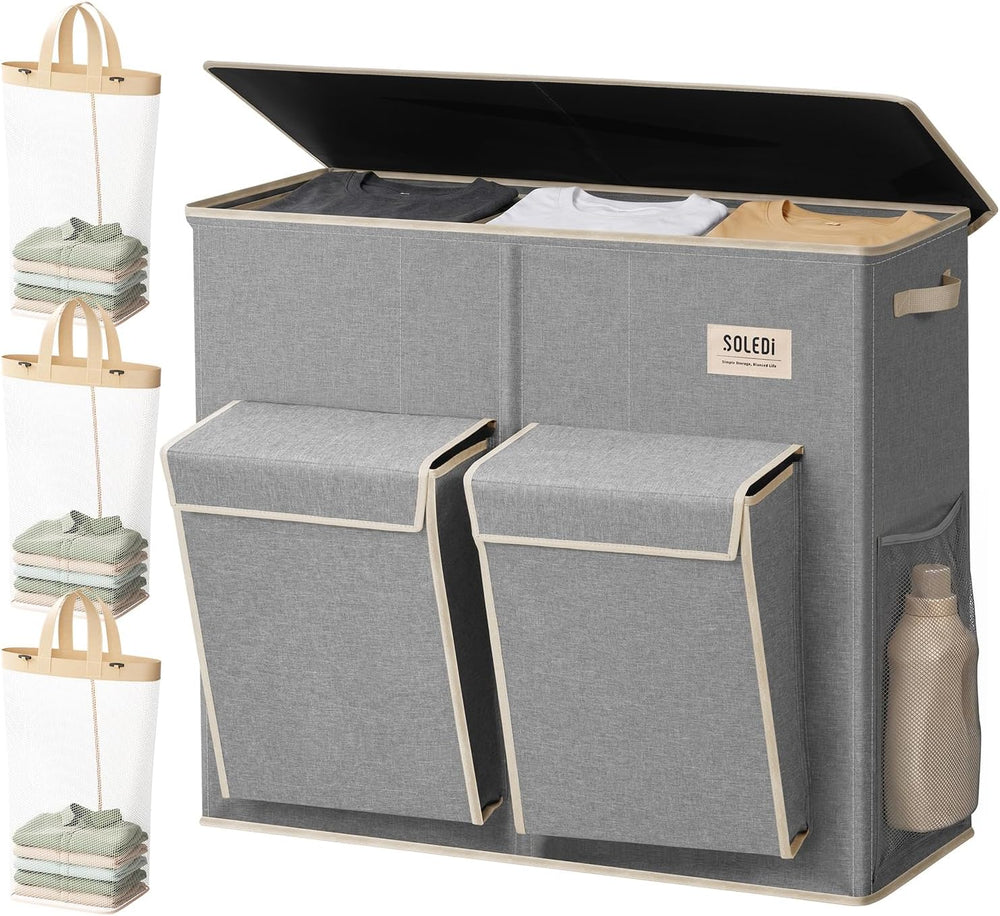 SOLEDI 220L Laundry Hamper 3 Section with Lid and 2 Side Pockets