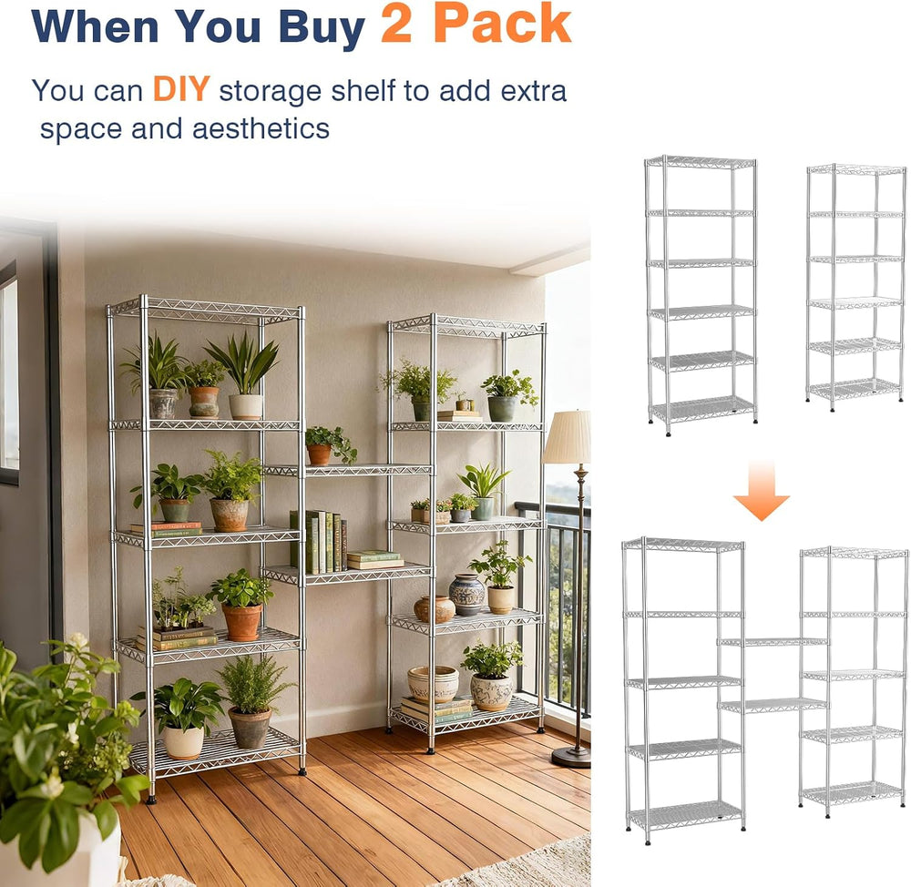 6-Tier Wire Shelving Unit,Metal Shelf Racks with Lockable Wheels,Chrome