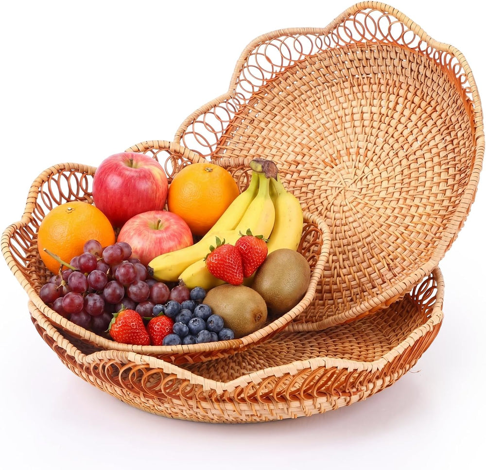 3 Pcs Rattan Bread Fruit Basket for Serving, Wicker Bread Tray Woven Round Fr...