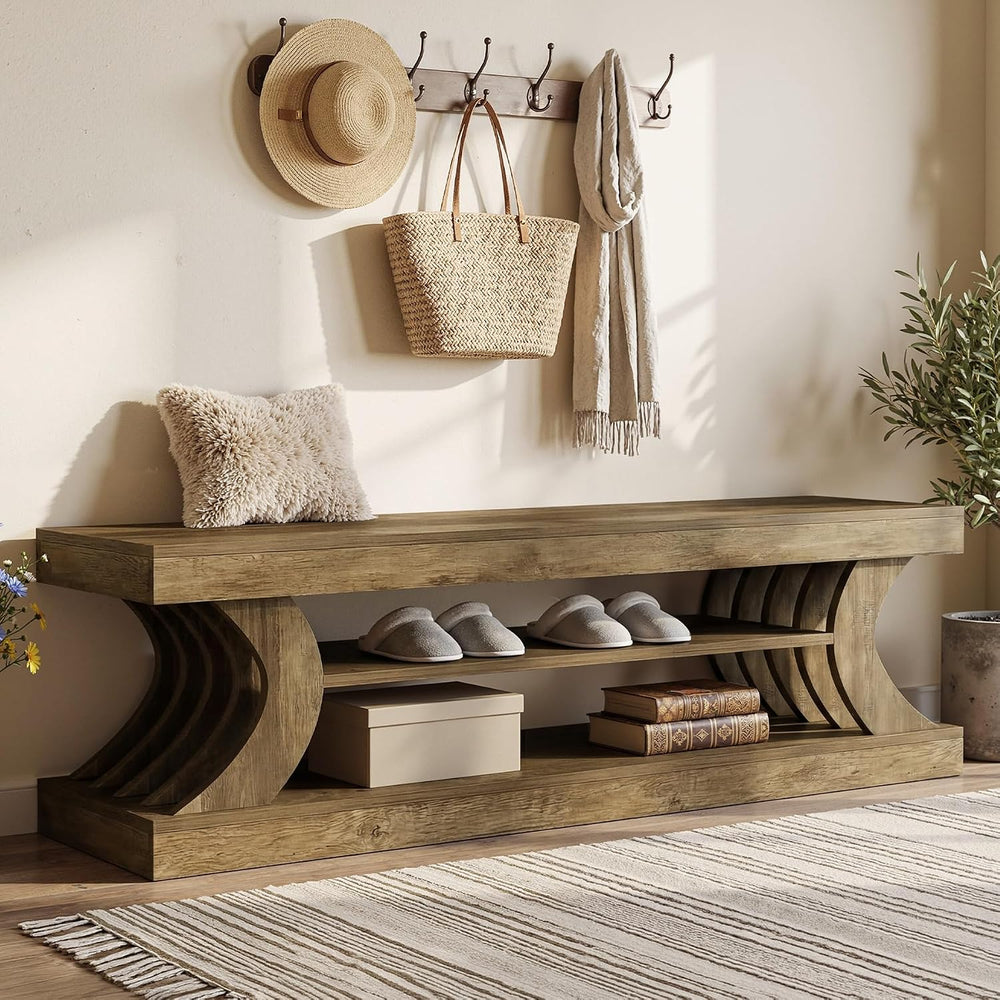 Tribesigns 63" Entryway Shoe Bench, 3-Tier End of Bed Bench with Open St...