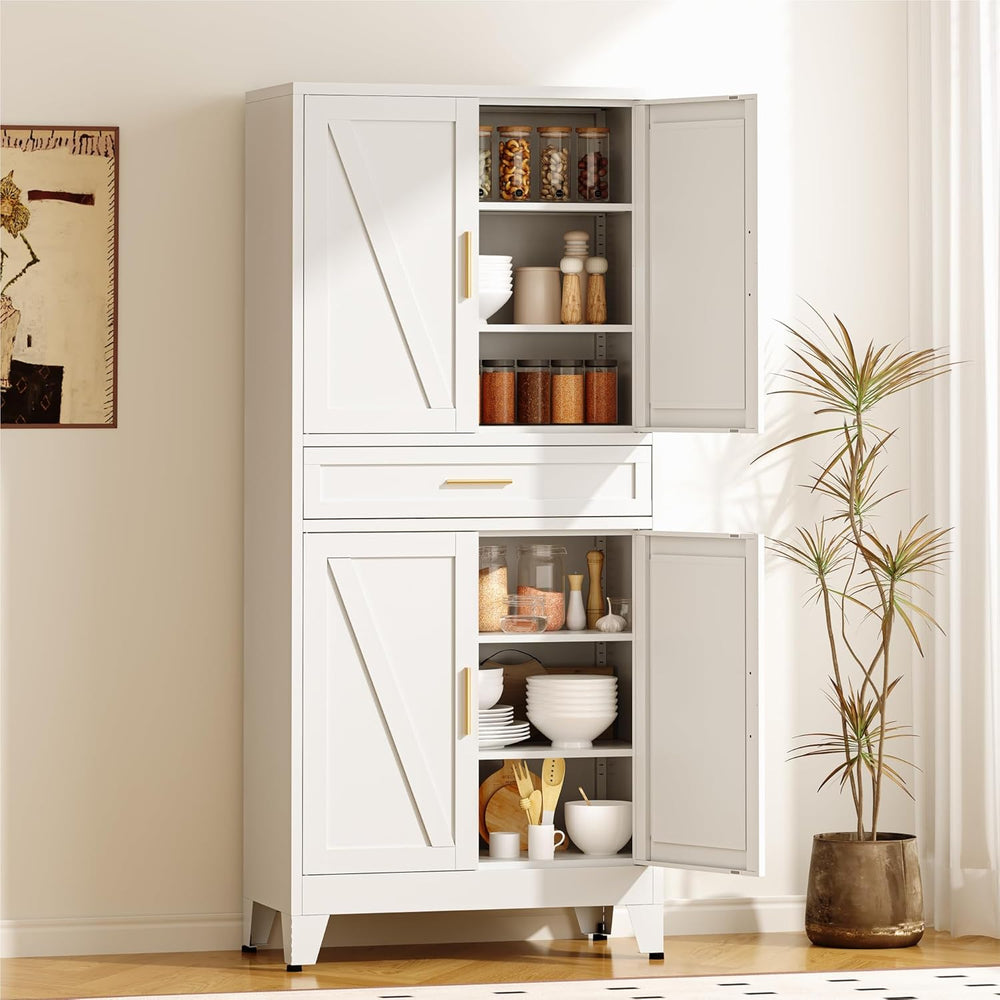 COFaR 71" Tall Pantry Cabinet with Drawer, White Storage Cabinet with Ad...