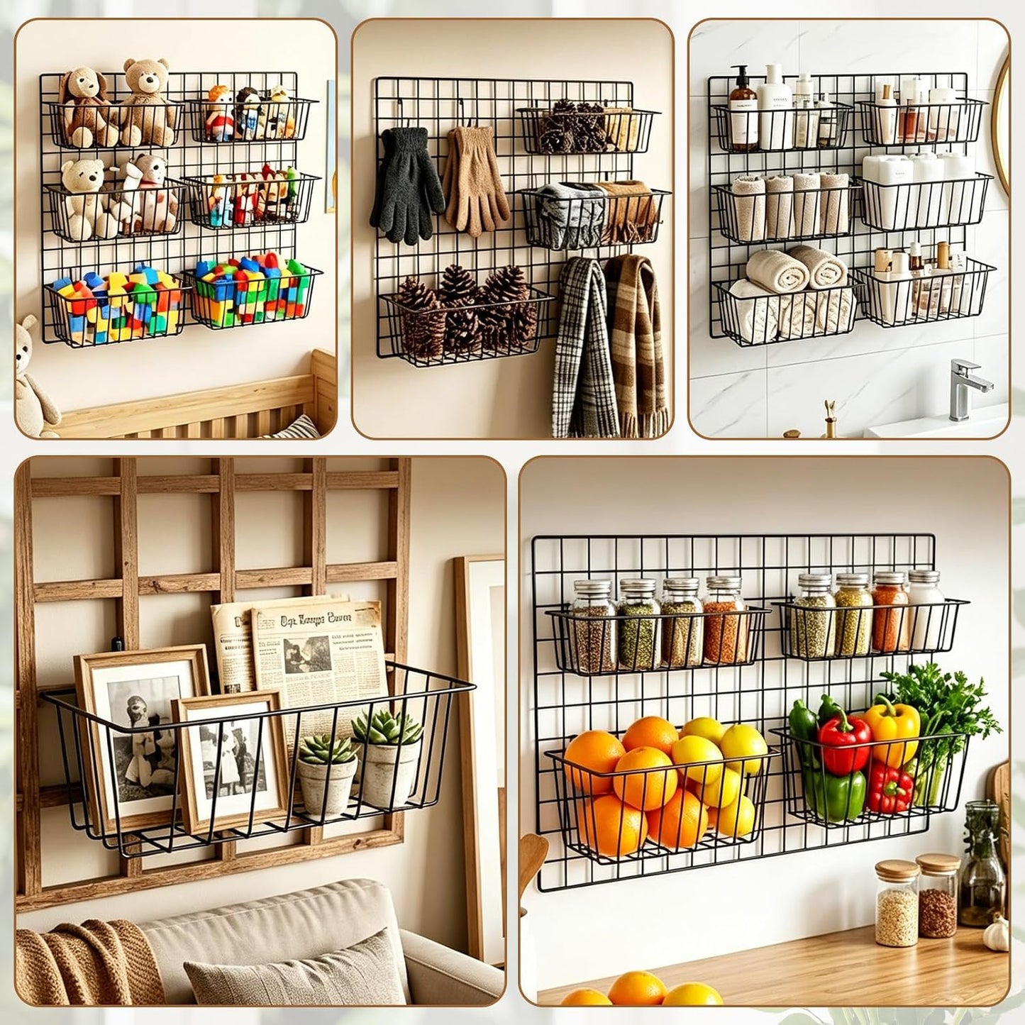 10 PCS Wire Baskets Wall Grid Panel Hanging Wire Basket Hanging Wall Baskets No Drilling Wall Hanging Baskets Grid Wall Storage Basket for Kitchen Bathroom Home Decor Supplies Large