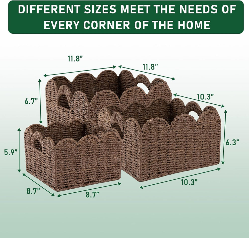 OIAHOMY Scalloped Wicker Baskets, Hand-woven Storage Baskets with Built-in Ha...