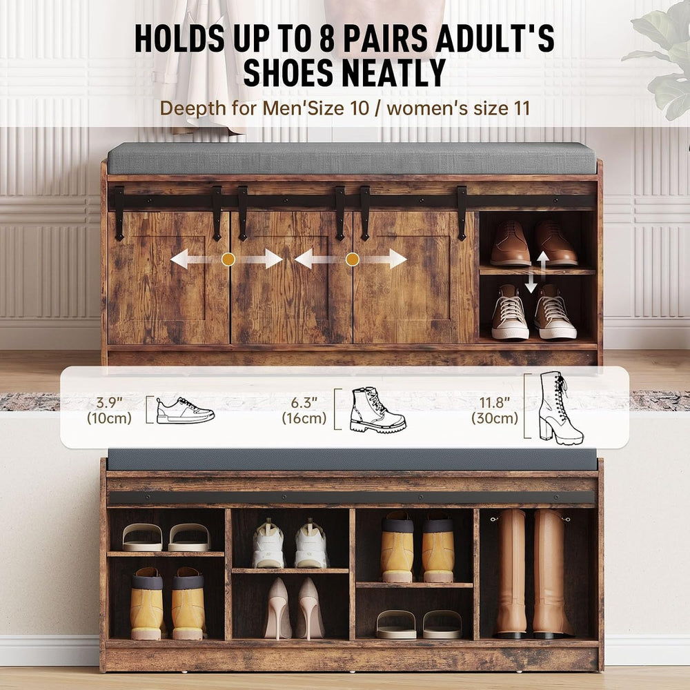 42" Farmhouse Shoe Storage Bench with Seating Cushion,for Entryway