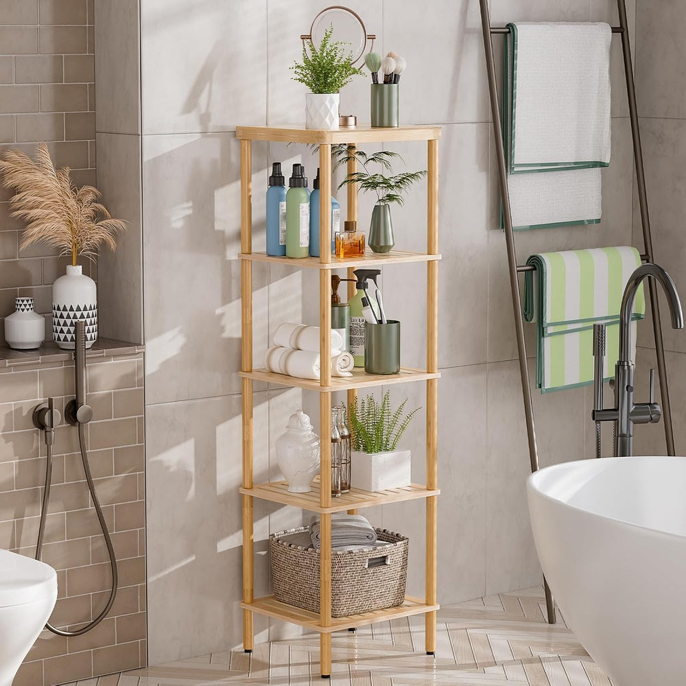 AmazerBath 5-Tier Bamboo Bathroom Shelf, Bathroom Standing Shelves, Multifunc...