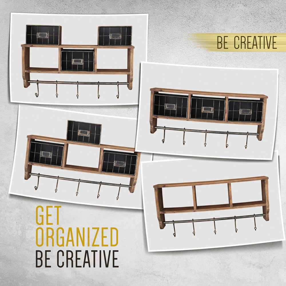 BizChair Wall Mounted Storage Rack - Rustic Brown Solid Pine Wood - 24 Inch -...