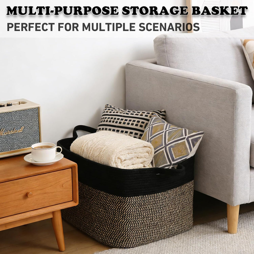 96L Laundry Basket with Handles, Extra Blanket Basket, Black/Jute