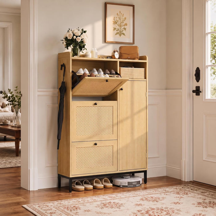 Rattan Shoe Cabinet with 3 Flip Drawers and Door for Entryway