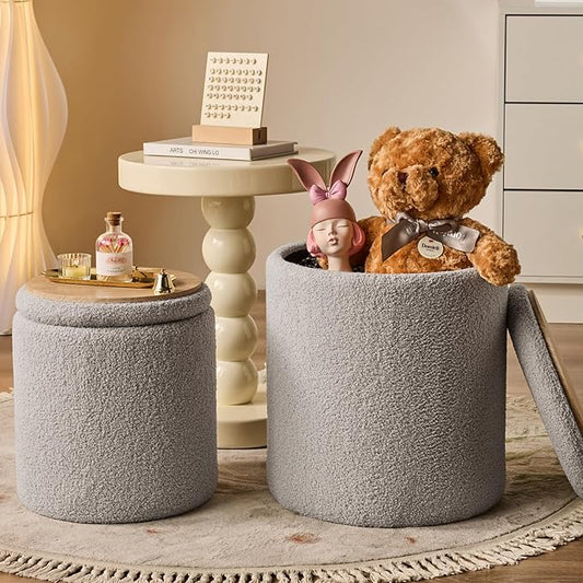 Round Ottoman with Storage Set of 2-Upholstered Sherpa Vanity Stool - Image 2