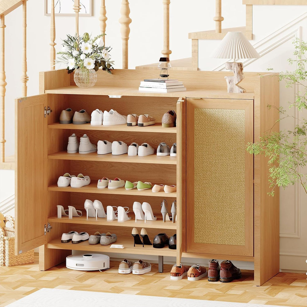 6-Tier 41" Tall Rattan Shoe Storage Cabinet with 3 Doors and Adjustable ...