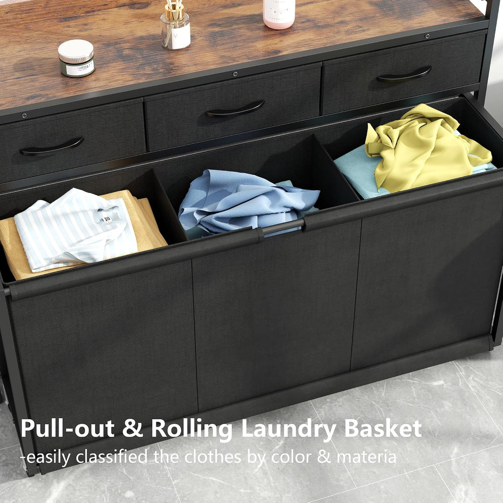 Laundry Hamper Laundry Basket with 3 Section Pull-Out Rolling Bags, Laundry S...