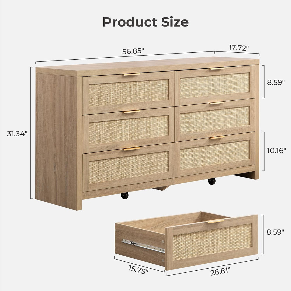 SICOTAS Rattan Dresser for Bedroom, 57" Wide 6 Drawer Dresser