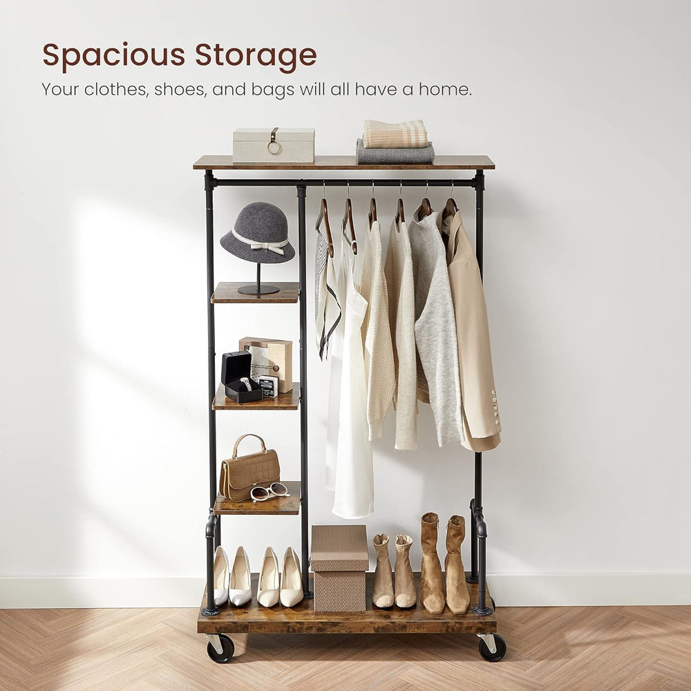 VASAGLE Clothes Rack, 5-Tier Garment Rack on Wheels, Industrial Pipe Style