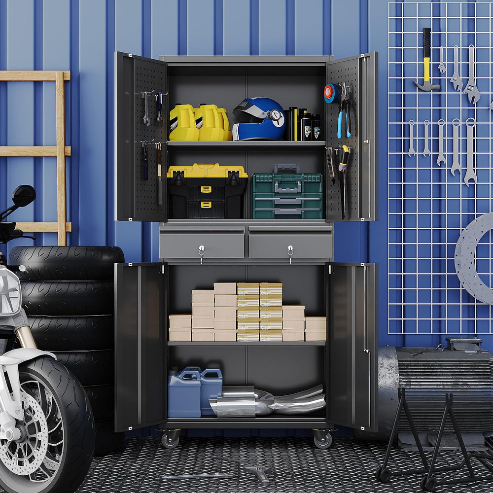 71-Inch Garage Storage Cabinet with 2 Drawers, Pegboard and Wheels