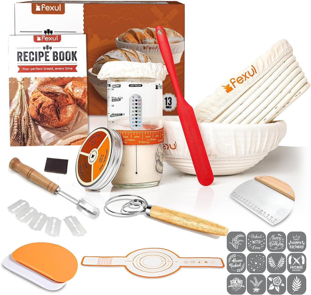 Sourdough Starter Kit with 9” Round & 10” Oval Banneton Bread Proofing Ba...