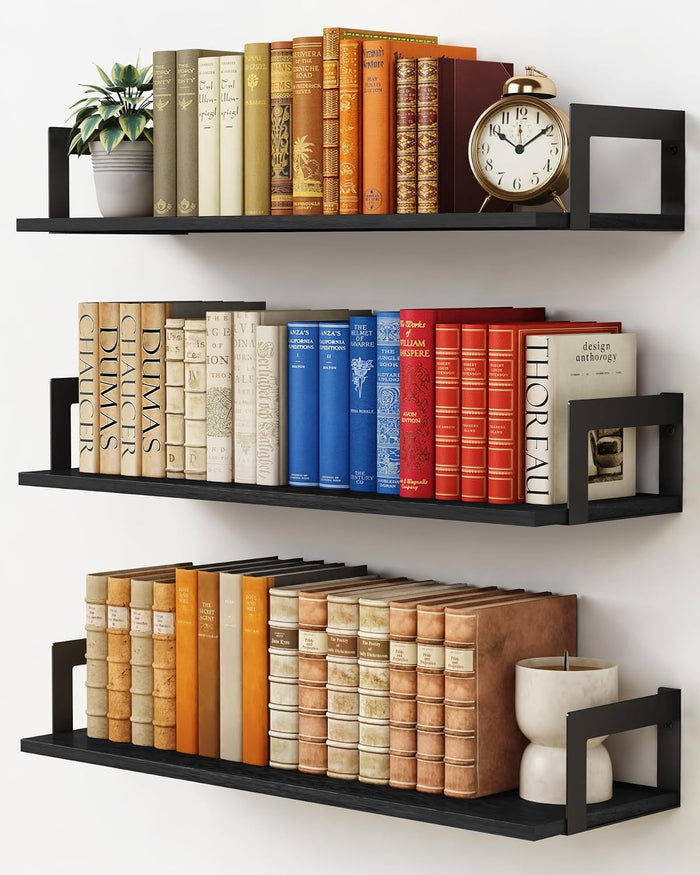 Harwaya Black Wall Shelves for Bedroom 24 Inch Long, 8 In Deep Floating Shelves for Wall, Large Wood Wall Mounted Bookshelf Hanging Shelf for Living Room Office Books Kitchen Closet Storage (Set of 3)