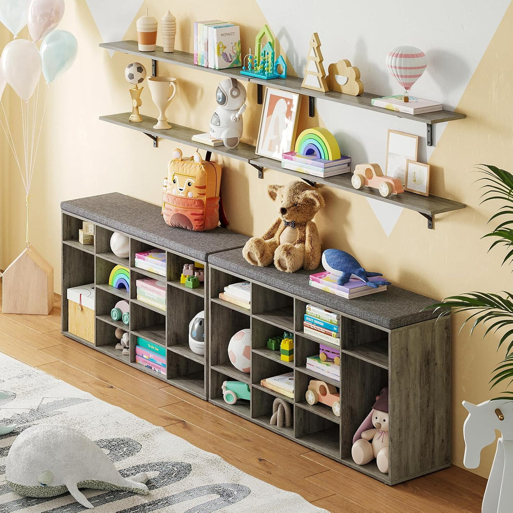 DINZI LVJ Shoe Storage Bench with Cushion, 16-Cubby Shoe Rack with Seat