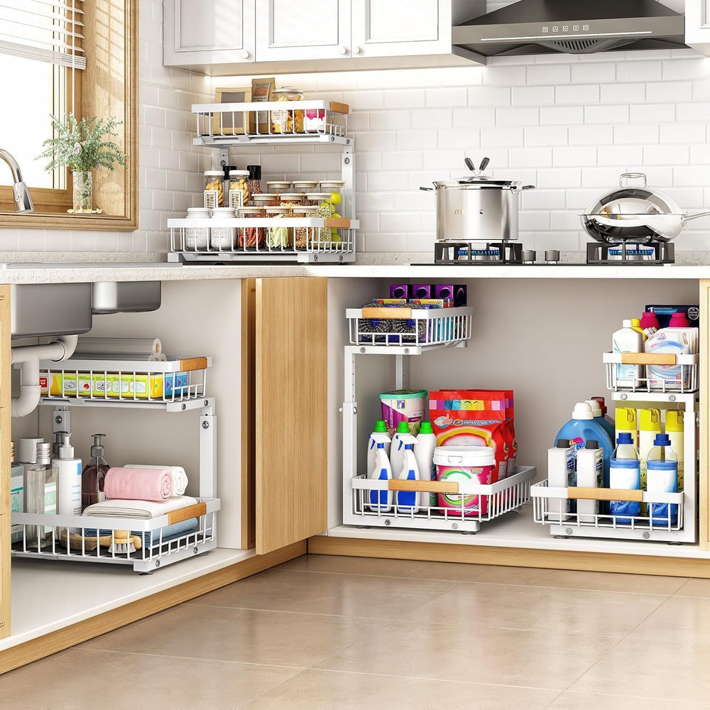 PXRACK Under Sink Organizer, Adjustable Height, 2 Tier Pull Out Under Cabinet...