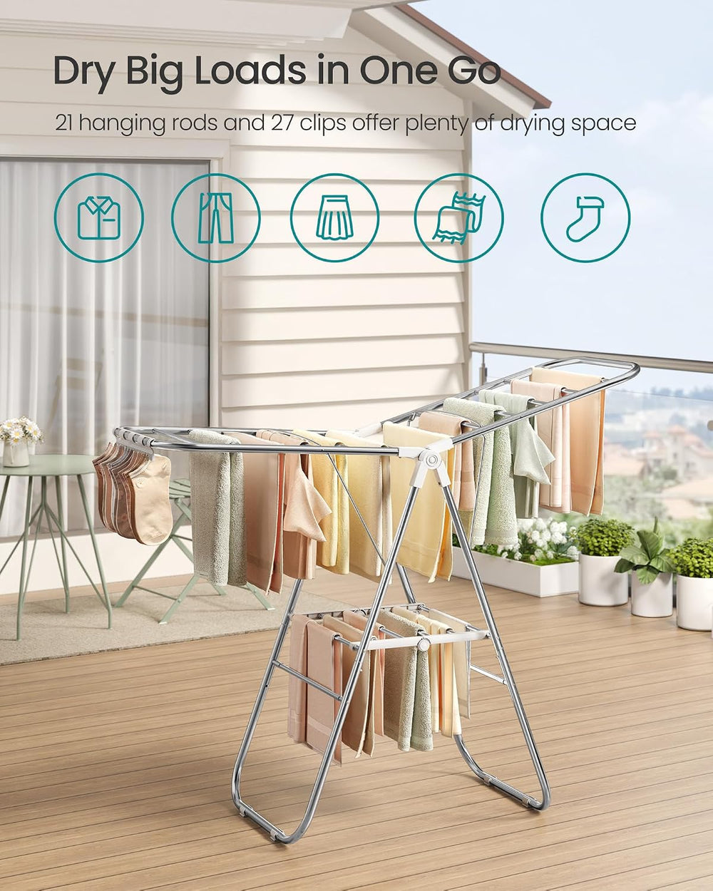 SONGMICS Clothes Drying Rack, Foldable Metal Airer, 19.3 x 51.2 x 39.4 in
