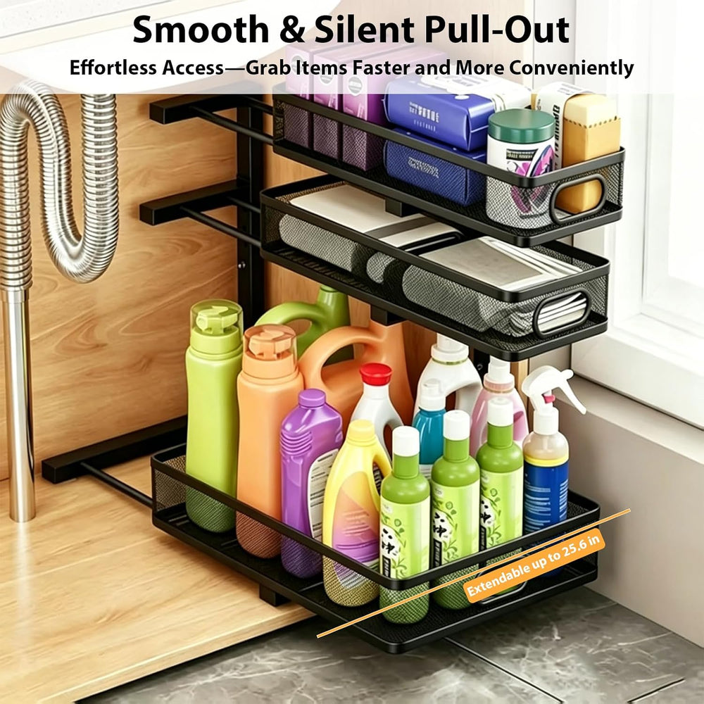 2 Pack Bathroom Under Sink Organizer, 3-Tier Pull Out Kitchen Cabinet Organiz...