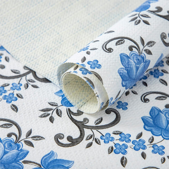 FIFTY FEET 18X96 Inch Shelf Liner for Kitchen Cabinets, PVC Drawer Liner for Dresser Non-Slip Bathroom, Non-Adhesive Cabinet Liner Washable (Blue Floral)(5 Roll)