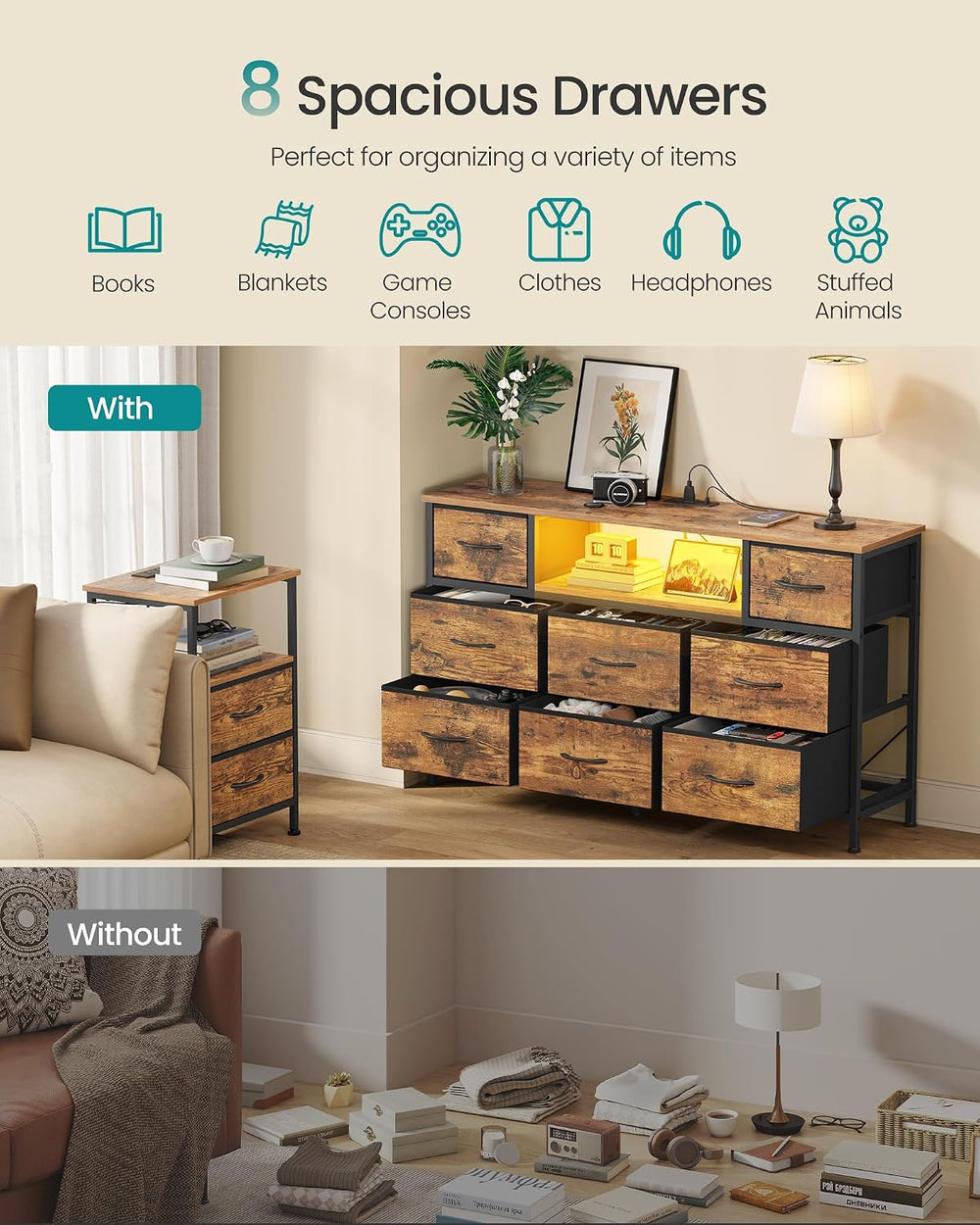 SONGMICS Dresser for Bedroom with Outlets & LED Lights, 8 Fabric Drawers