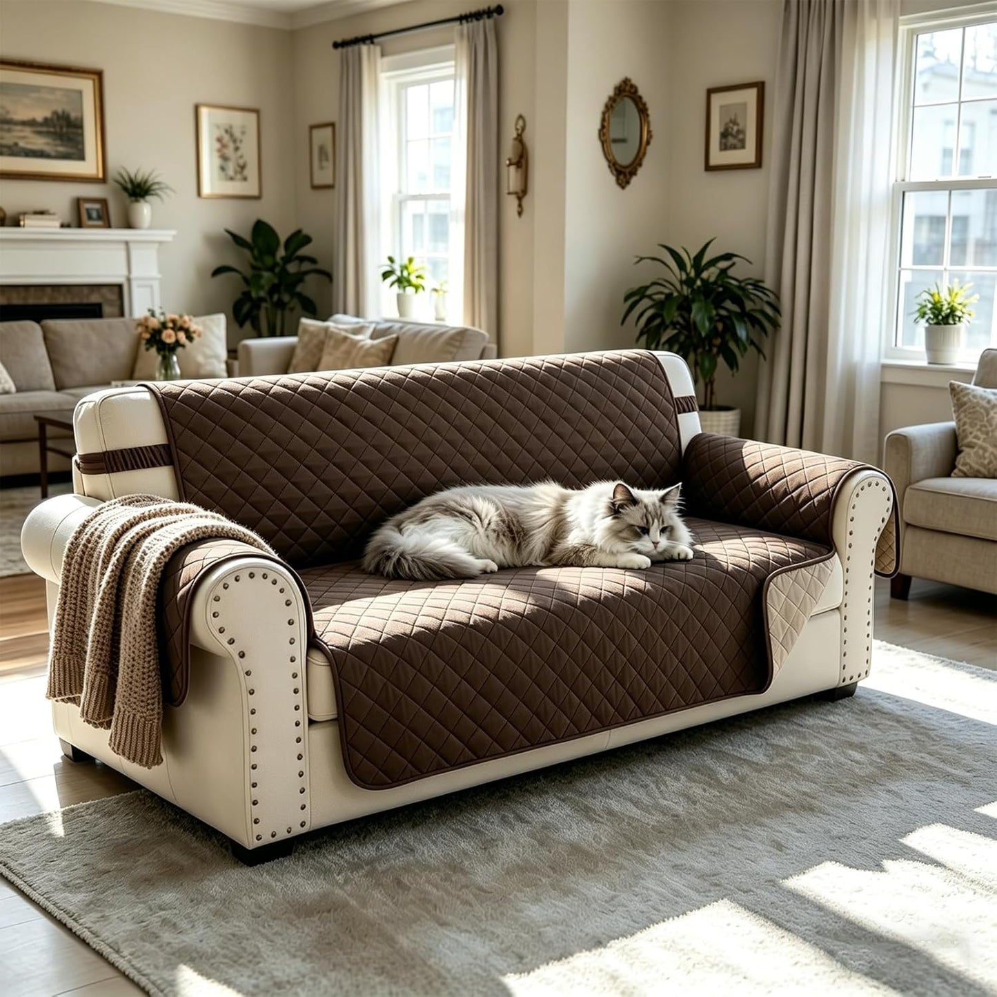 Reversible Couch Cover for 3 Cushion Couch Sofa Cover Washable for Pet Friendly with Elastic Straps Water Repellent(Sofa, Chocolate/Beige)