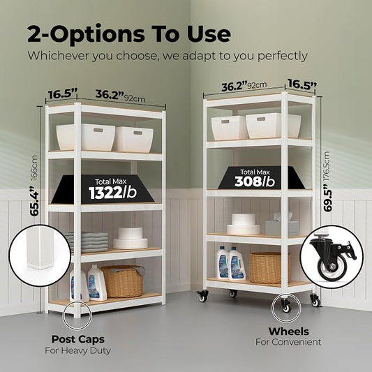 HOMEDANT House White 5-Tier Metal Rolling Cart Shelf Rack Casters Heavy Duty - Image 2