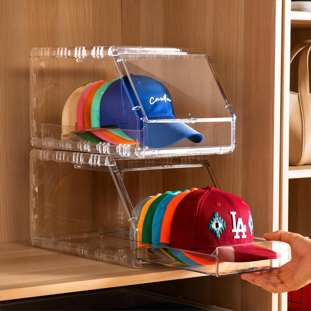 Ozueccr Cap Organizer Box – Stackable Clear Display Box with Sliding Drawer, ...