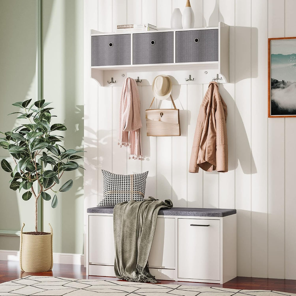 Mondeer Wooden Coat Rack Shelf Wall Mounted with 3 Baskets 5 Hooks White