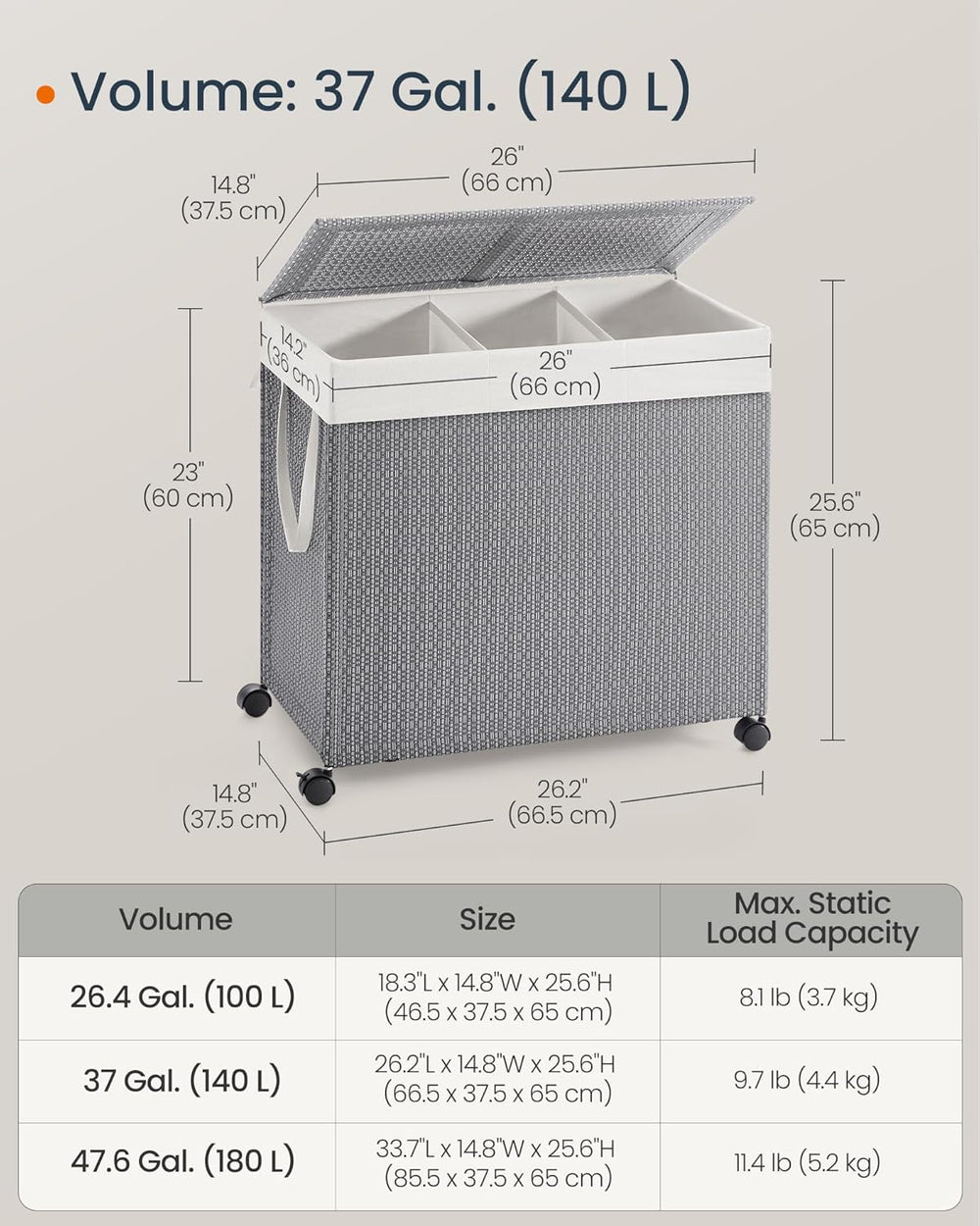 SONGMICS HOME Laundry Hamper with 3 Section, 140 L, Rattan, with Wheels