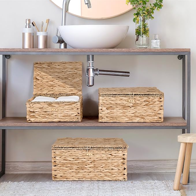 Wicker Storage Baskets with Lids and Handles, Hand Woven Rattan Storage Bins Box - Image 8
