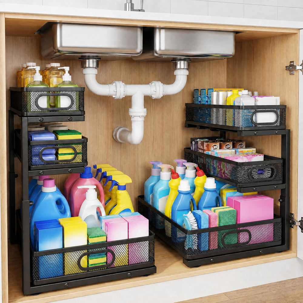 3-Tier Under Sink Organizer 2-Pack Organization for Bathroom Kitchen,Black