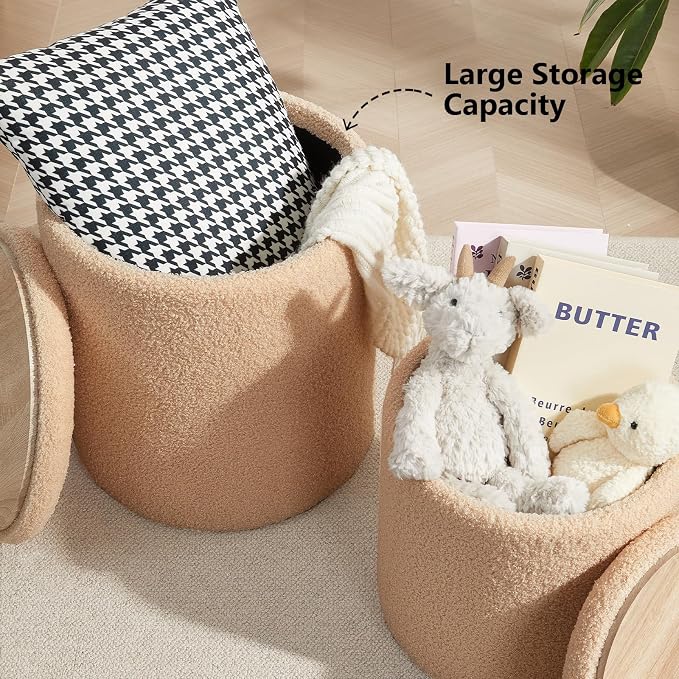 Boucle Round Ottoman with Storage Set of 2, Small Foot Stool Ottoman